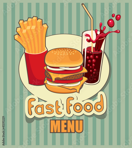 banner with fast food with cola, hamburger and fries