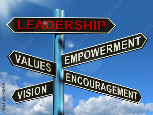 Leadership Signpost Showing Vision Values Empowerment and Encour