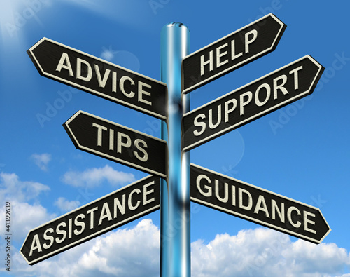 Advice Help Support And Tips Signpost Showing Information And Gu photo