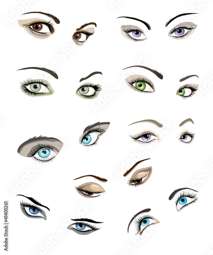 Set of 9 beautiful glamour woman   s eyes and eyebrows.
