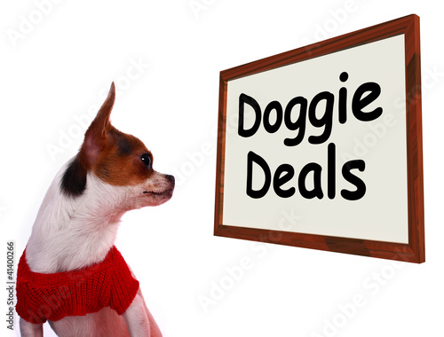 Doggie Deals Sign Showing Dog Bargains Deals And Clearance