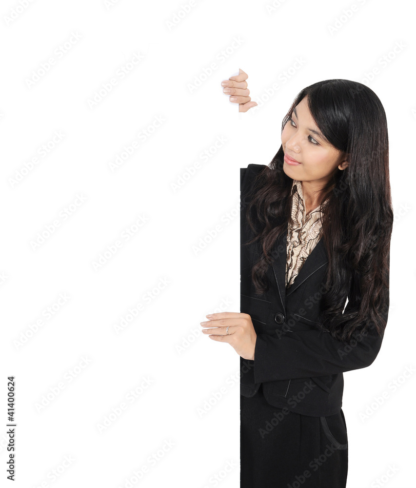 young businesswoman showing blank signboard young businesswoman showing blank signboard