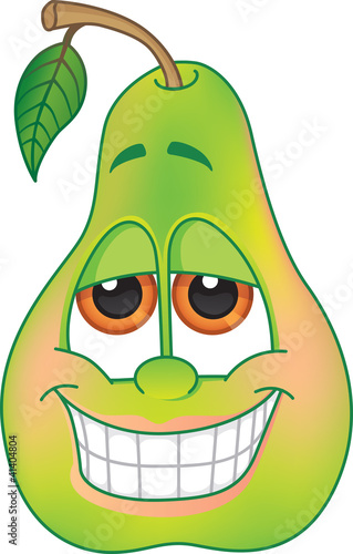 Green cartoon pear character with big grin