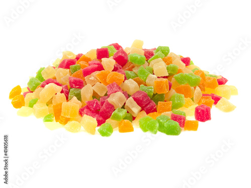 Multi-colored candied fruits.