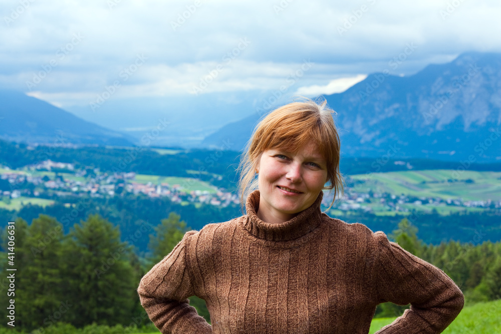 Fototapeta premium Alps summer village and woman portrait