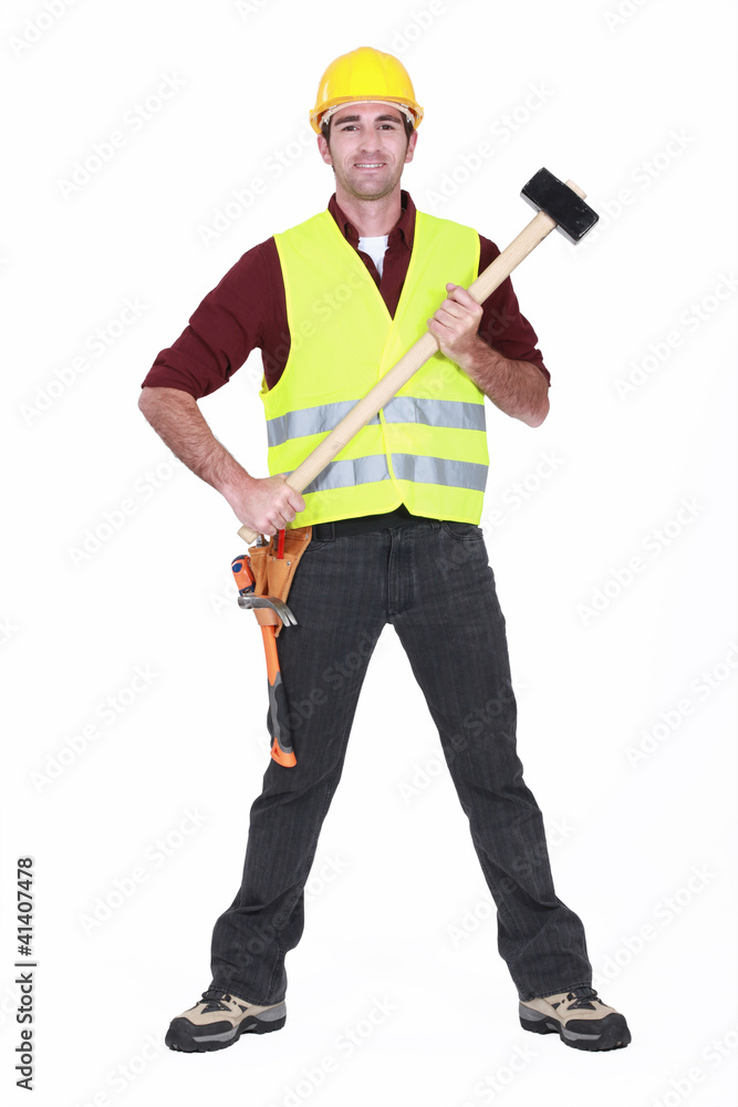 full-body portrait of carpenter holding hammer full-body portrait of carpenter holding hammer