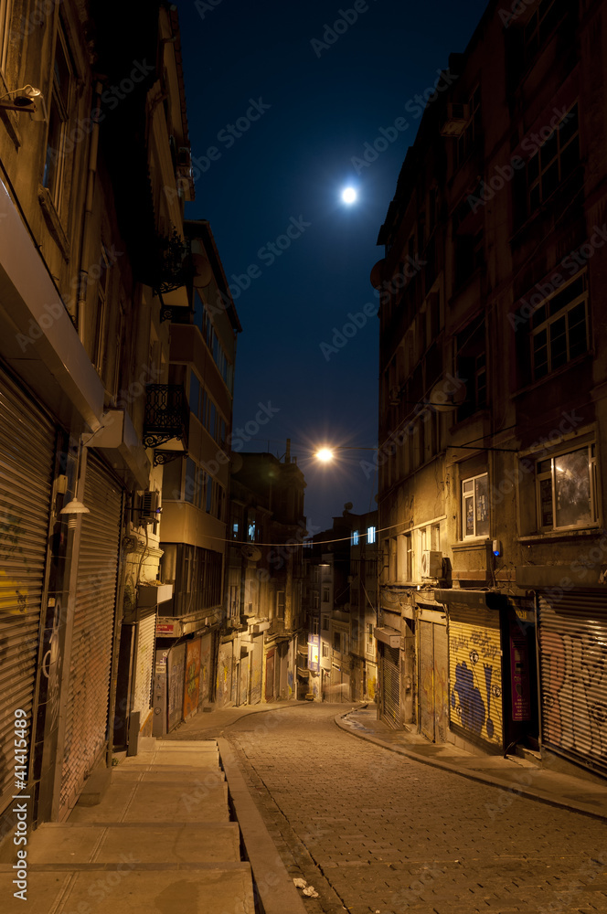 Dark street in night, Istanbul, Turkey