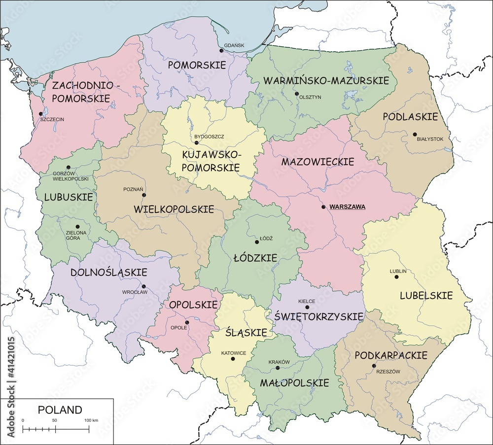 Contour map of Poland with voivodeships, rivers and lakes