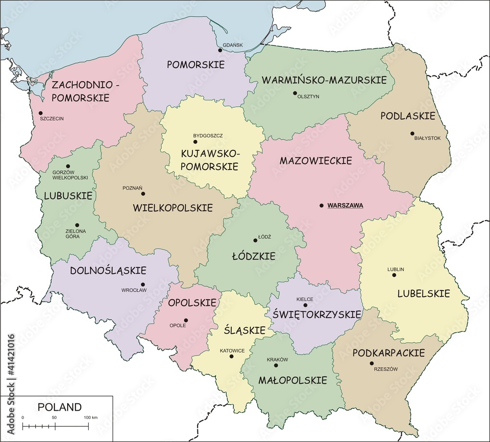 Contour map of Poland with voivodeships