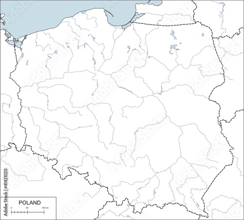Contour map of Poland with rivers and lakes