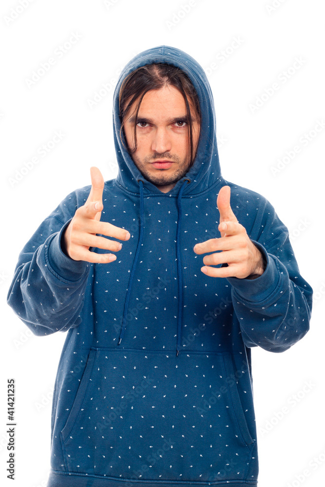 Confident man in hoodie pointing Confident man in hoodie pointing