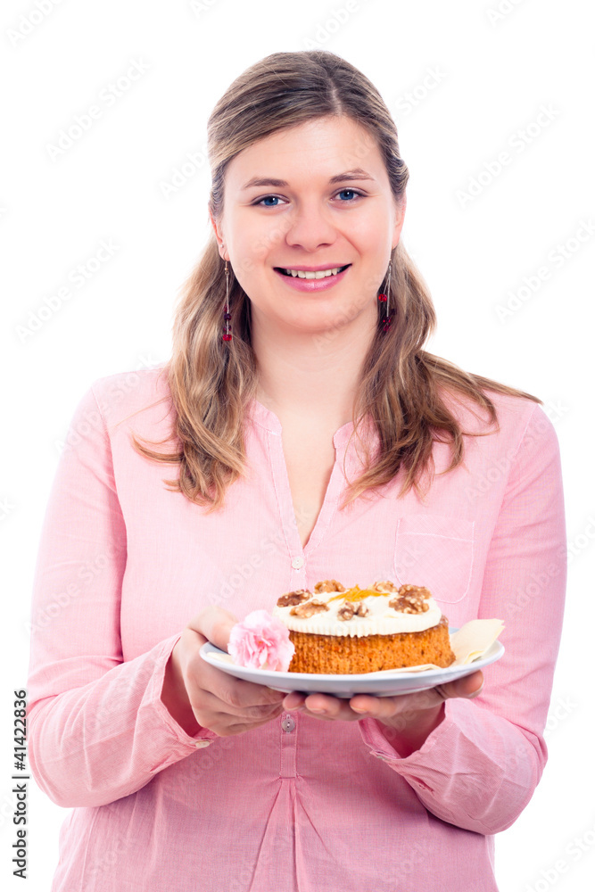Happy woman in pink with carrot cake