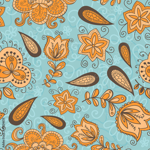 Fantasy floral seamless pattern with paisley elements