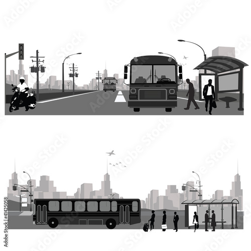 Vector Illustration: Bus station.City skyline