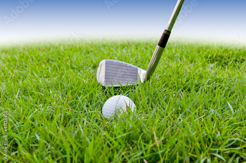 golf ball and iron on tall grass