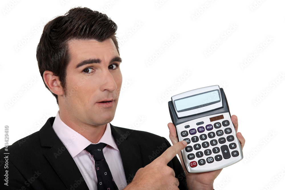 elegant businessman presenting calculator elegant businessman presenting calculator