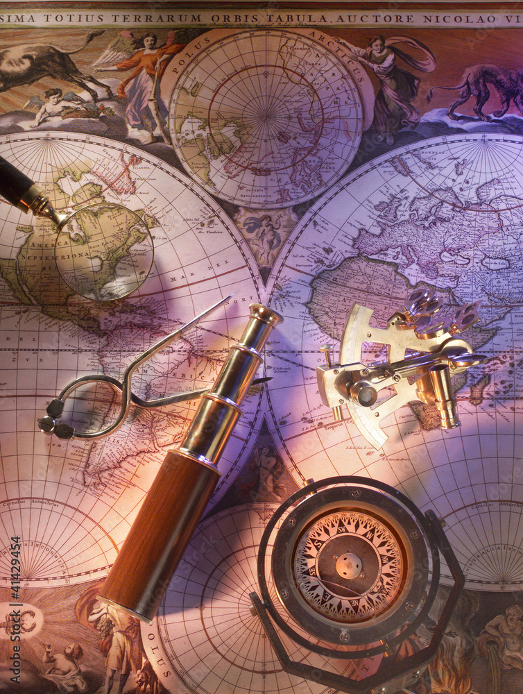 Fototapeta premium Old nautical map with compass and brass telescope