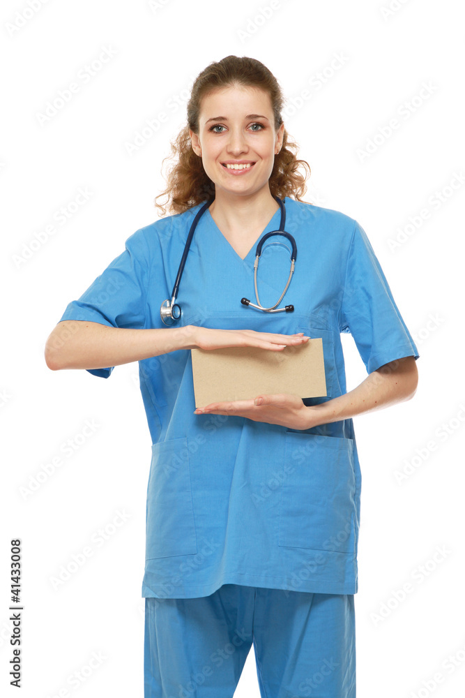 A female doctor holding a blank between her hands A female doctor holding a blank between her hands