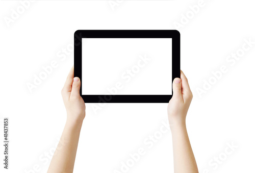 Hands holding Tablet PC, isolated, clipping path