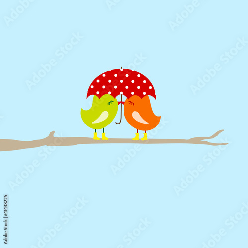 2 Birds Kissing Under Umbrella On Tree Blue