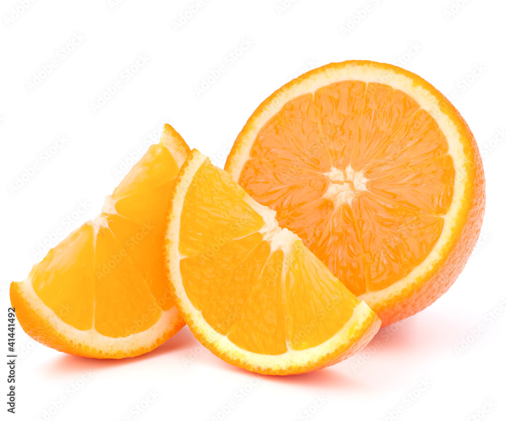 Orange fruit half and two segments or cantles Orange fruit half and two segments or cantles