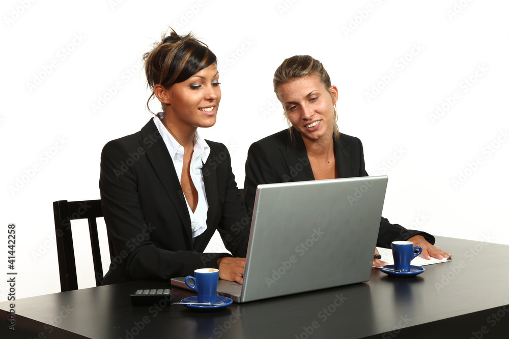 two women during a business meeting with laptop on white two women during a business meeting with laptop on white