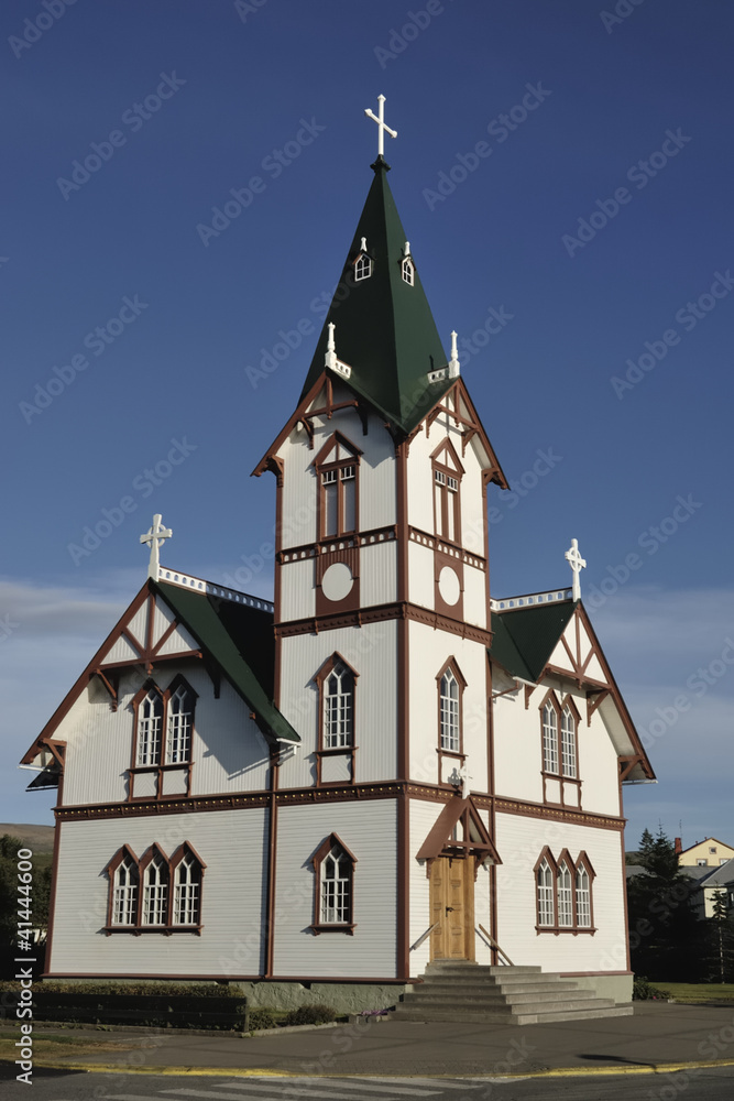 Wooden church in Husavik, Iceland.