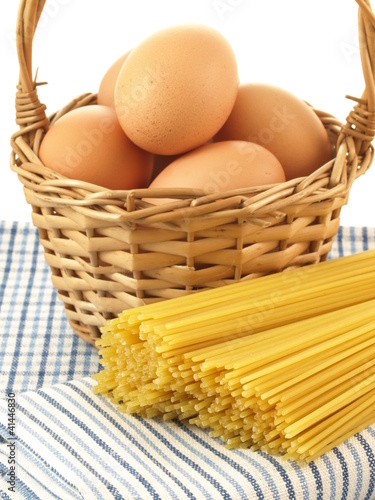 Spaghetti and eggs, closeup