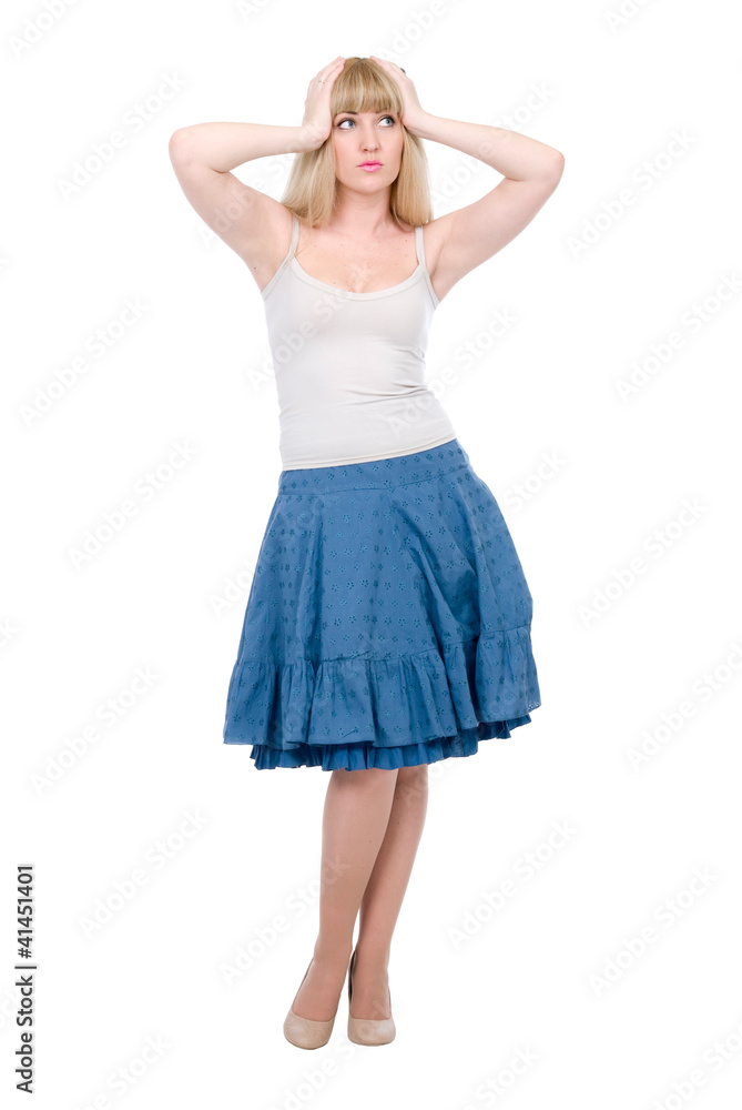 beautiful emotional blonde in a dark blue skirt