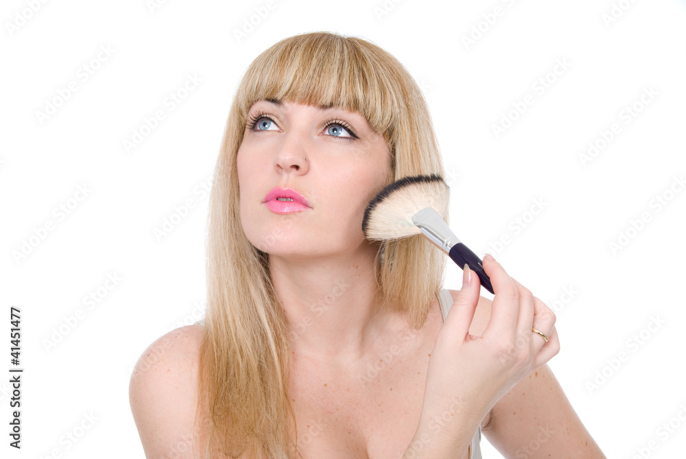 attractive woman a brush for the person.Isolated on white attractive woman a brush for the person.Isolated on white