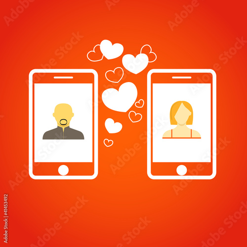 Two lovers communicatitng with the mobile phones. Abstract illus