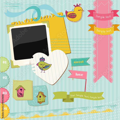 Scrapbook Design Elements - Colorful Birds and Bird Houses - in