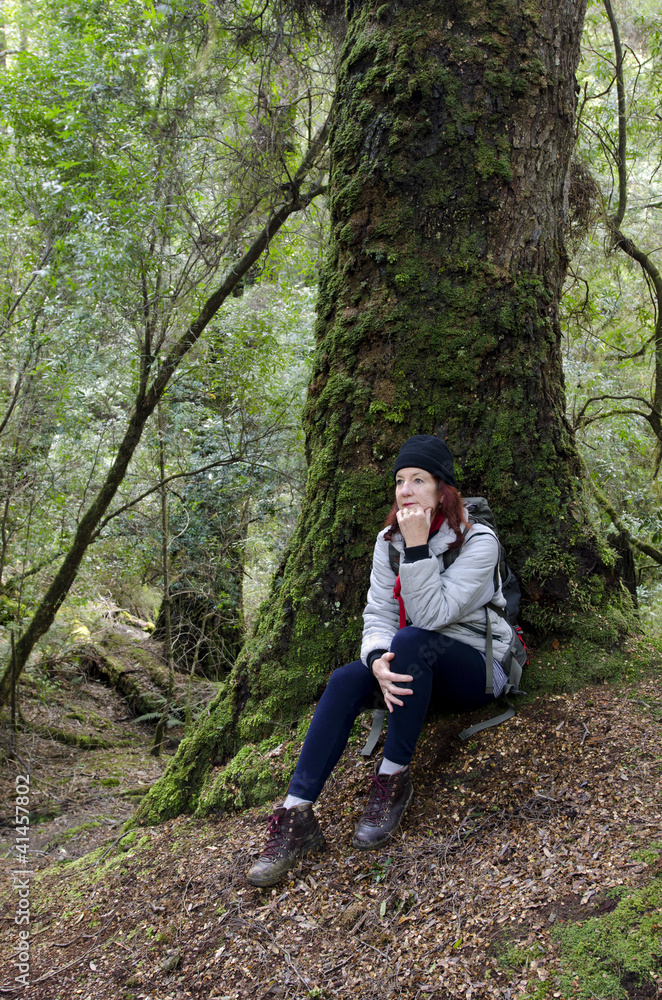 Female hiker in Tarkine wilderness, Tasmania, Australia Female hiker in Tarkine wilderness, Tasmania, Australia