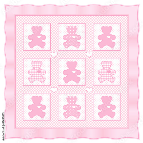 Teddy Bears Baby Quilt, big hearts, pastel polka dots, gingham