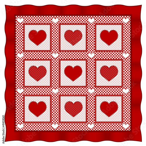 Love of Hearts Quilt, old fashioned design, Valentine red check