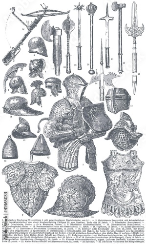 Knightly armor and weapons.