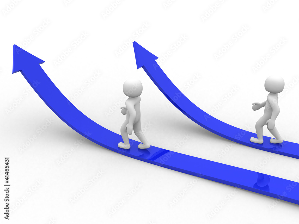 Two 3d person running the arrows. Success. 3d render Two 3d person running the arrows. Success. 3d render