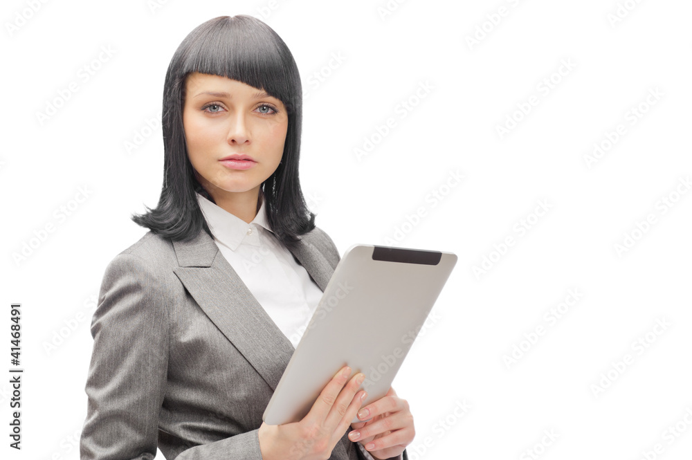 Business woman holding tablet computer isolated Business woman holding tablet computer isolated