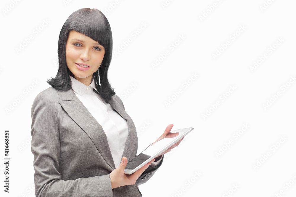 Business woman holding tablet computer isolated Business woman holding tablet computer isolated
