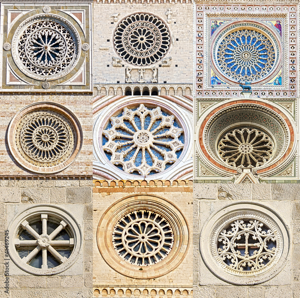 Collage. Fragments of decoration. Traditional rose window.