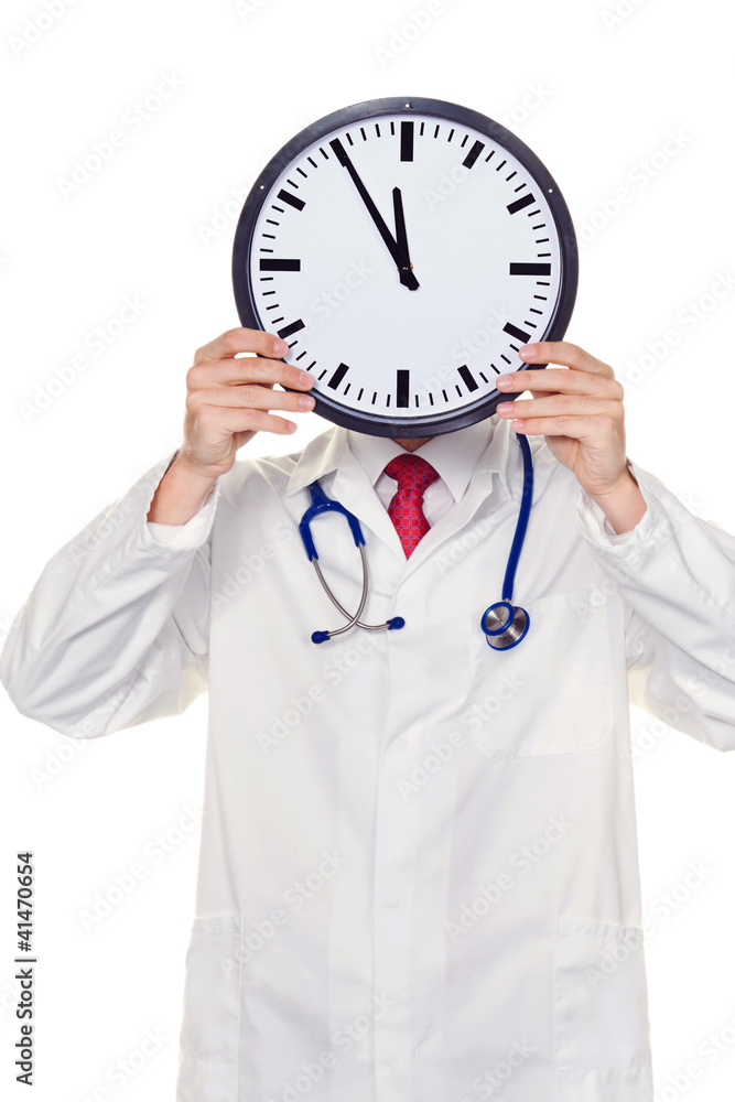 Arzt im Stress mit Uhr vor Kopf Arzt im Stress mit Uhr vor Kopf