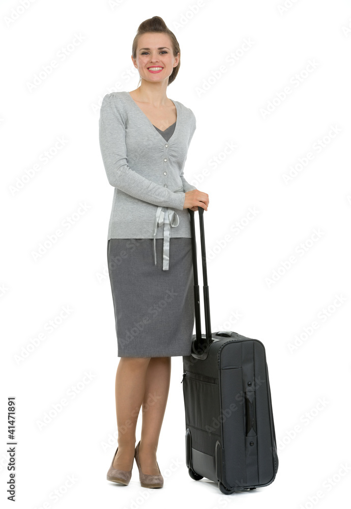 Full length portrait of traveling woman with suitcase Full length portrait of traveling woman with suitcase