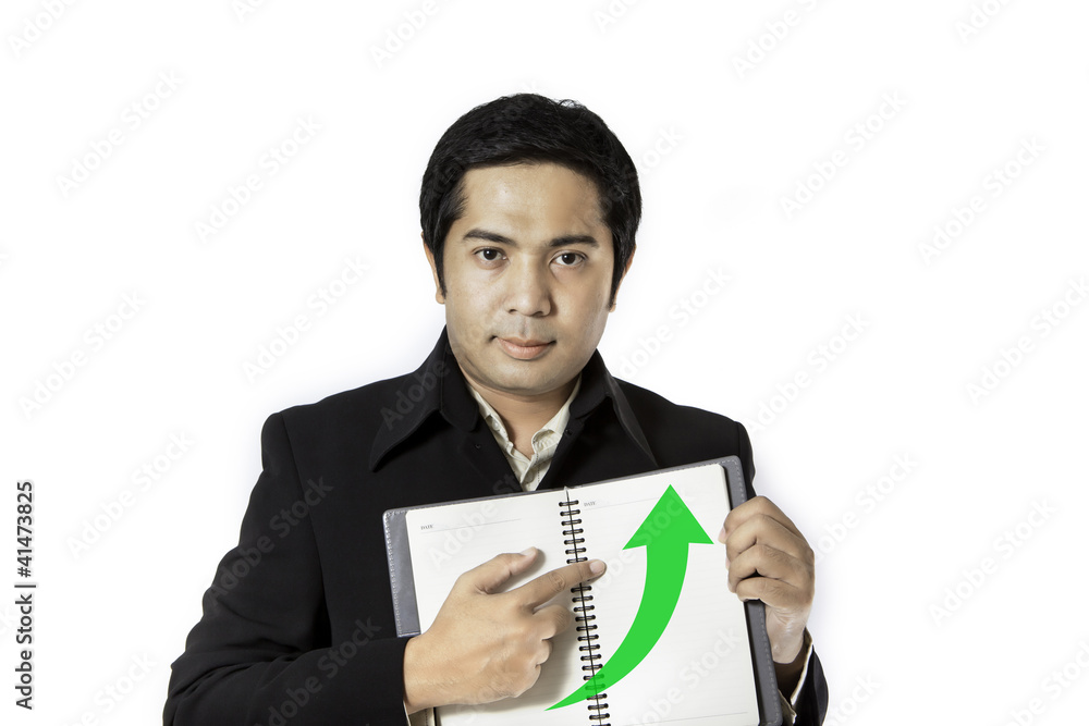 businessman smilling with notebook on white background businessman smilling with notebook on white background