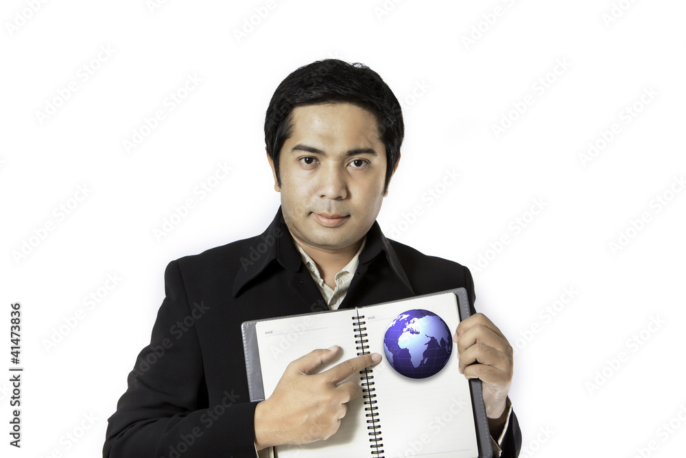 businessman smilling with notebook on white background businessman smilling with notebook on white background