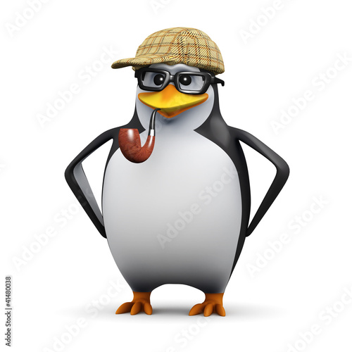 3d Penguin in glasses wears a Sherlock hat © Steve Young