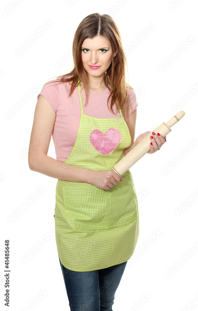 beautiful young housewife with rolling pin isolated on white beautiful young housewife with rolling pin isolated on white