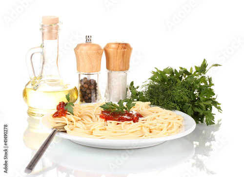 Composition of the delicious spaghetti isolated on white