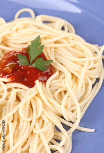 Italian spagetti cooked with tomato sauce in a blue plate