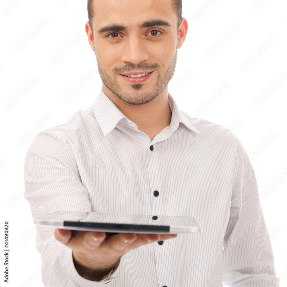 Man showing tablet computer and smiling isolated on white backg Man showing tablet computer and smiling isolated on white backg