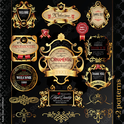 vector set: calligraphic design elements and golden labels